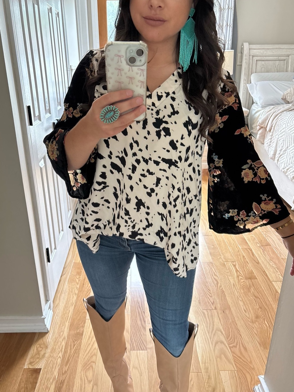 NWT velvet bell sleeve cow print Wester boho top